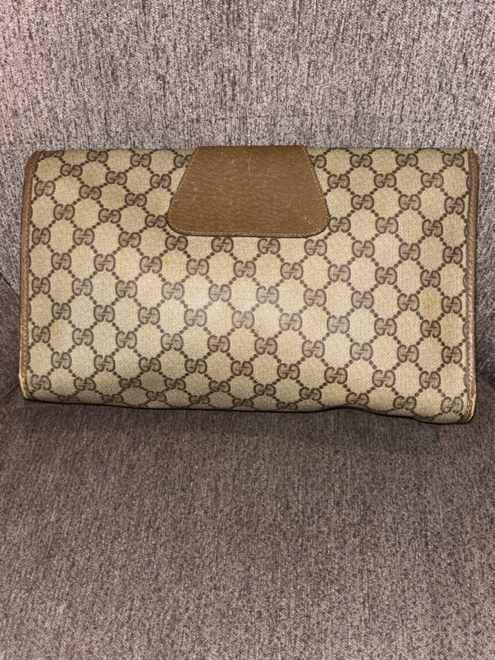 Gucci Beige Monogram Canvas Clutch with Brown Leather Trim and Green-Red Web - Picture 2 of 8